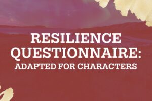 Text over a pink background reads: "resilience questionnaire: adapted for characters." Gold accents are on the bottom left and top right corner.