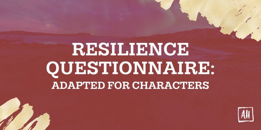 Text over a pink background reads: "resilience questionnaire: adapted for characters." Gold accents are on the bottom left and top right corner.