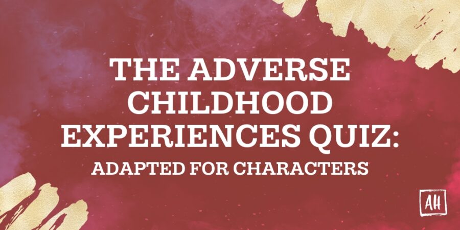 Text over a pink background reads: "the adverse childhood experiences quiz: adapted for characters." Gold accents are on the bottom left and top right corner.